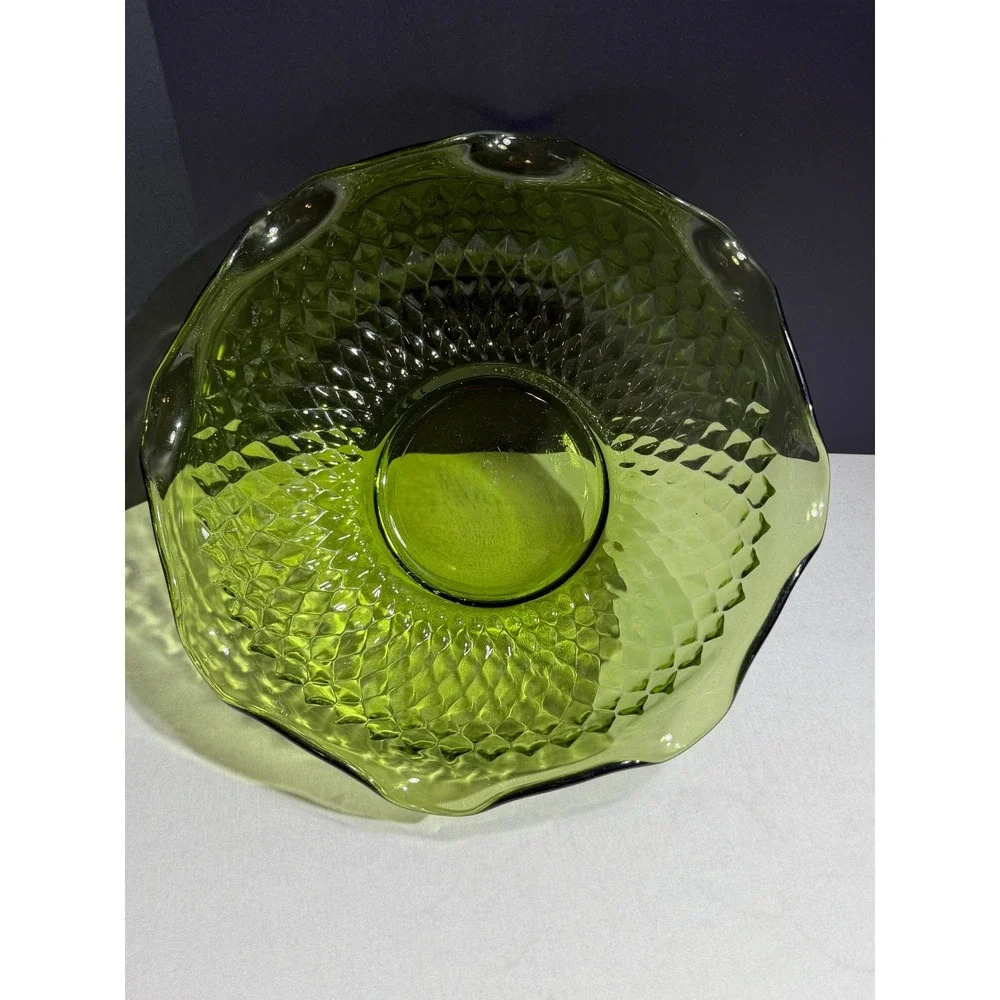 Vintage Indiana Glass Avocado Green Diamond Point Ruffled Serving Bowl Set of 2